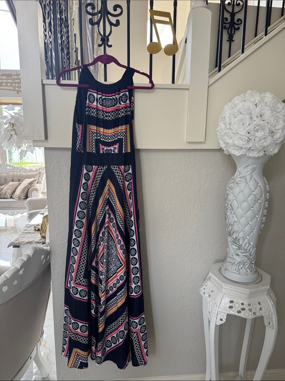 Eliza J Black Maxi Dress with Pink and Yellow Geometric Print